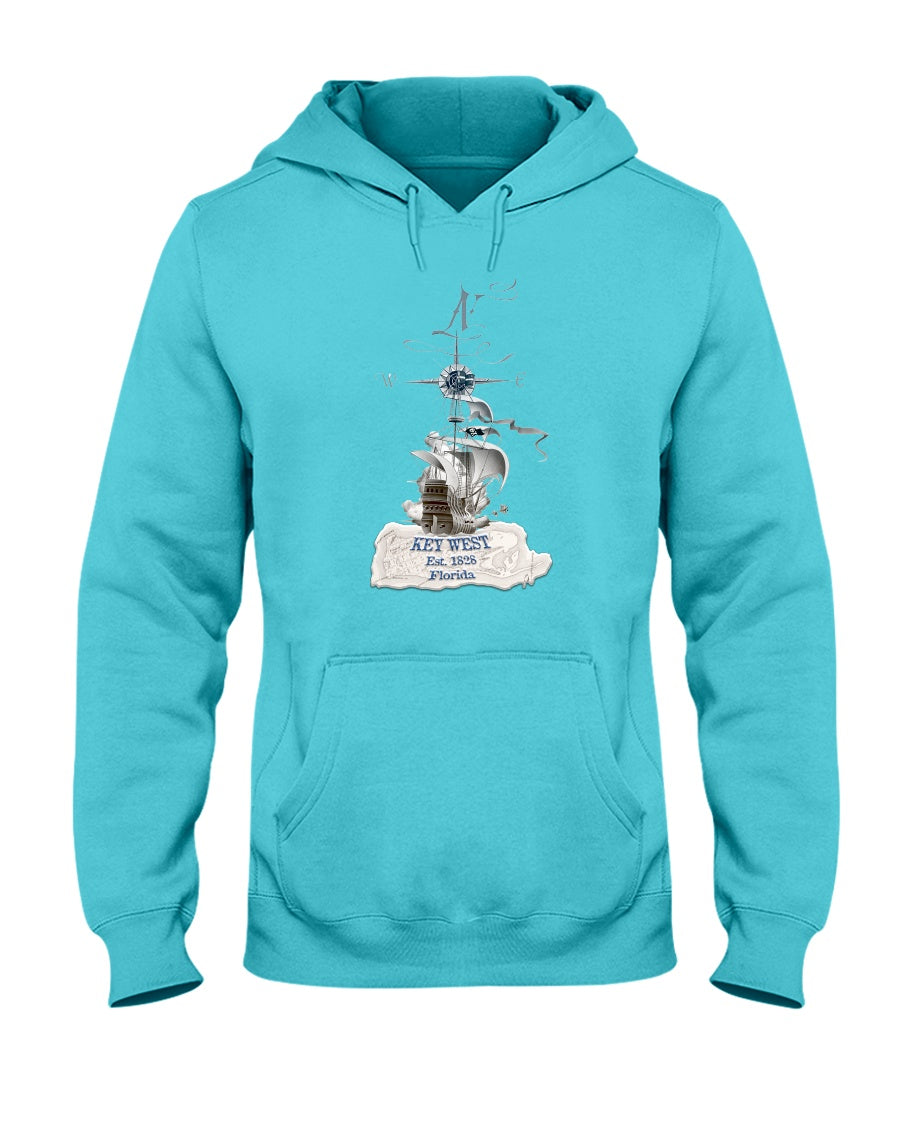 Original Key West Florida Est 1828 Vintage Map Pirate Ship Hoodie scuba blue