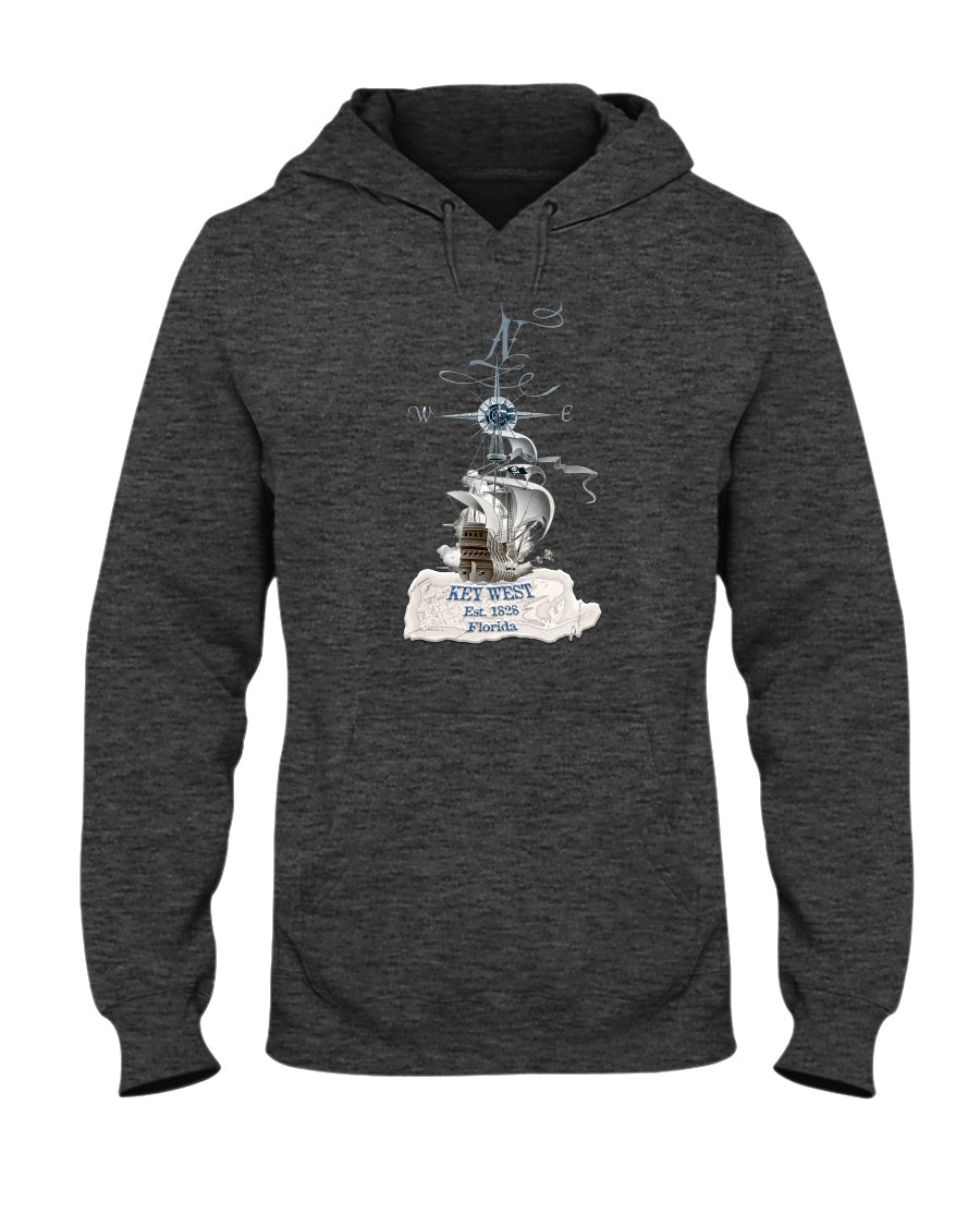 Original Key West Florida Est 1828 Vintage Map Pirate Ship Hoodie heather black