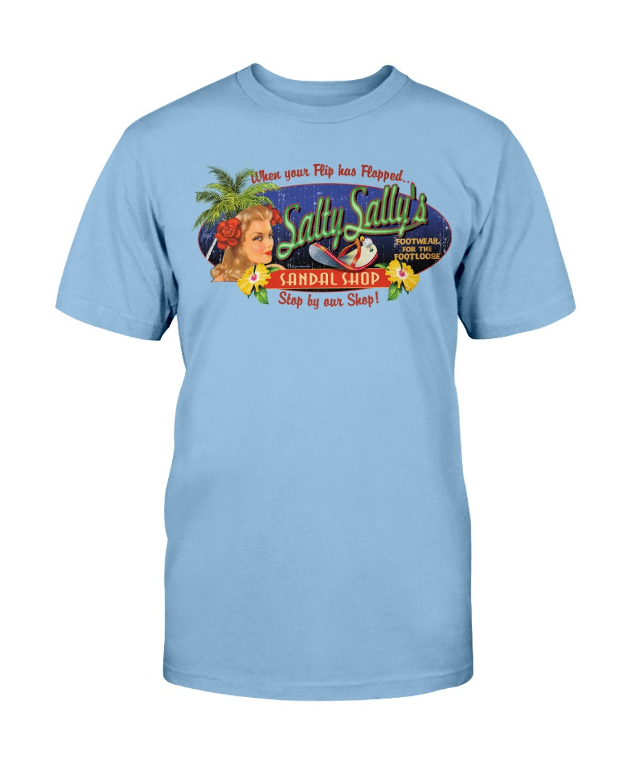 Mens Salty Sally's Flip Flop Repair Shop Vintage Style Cotton Beach T-Shirt Sky Blue