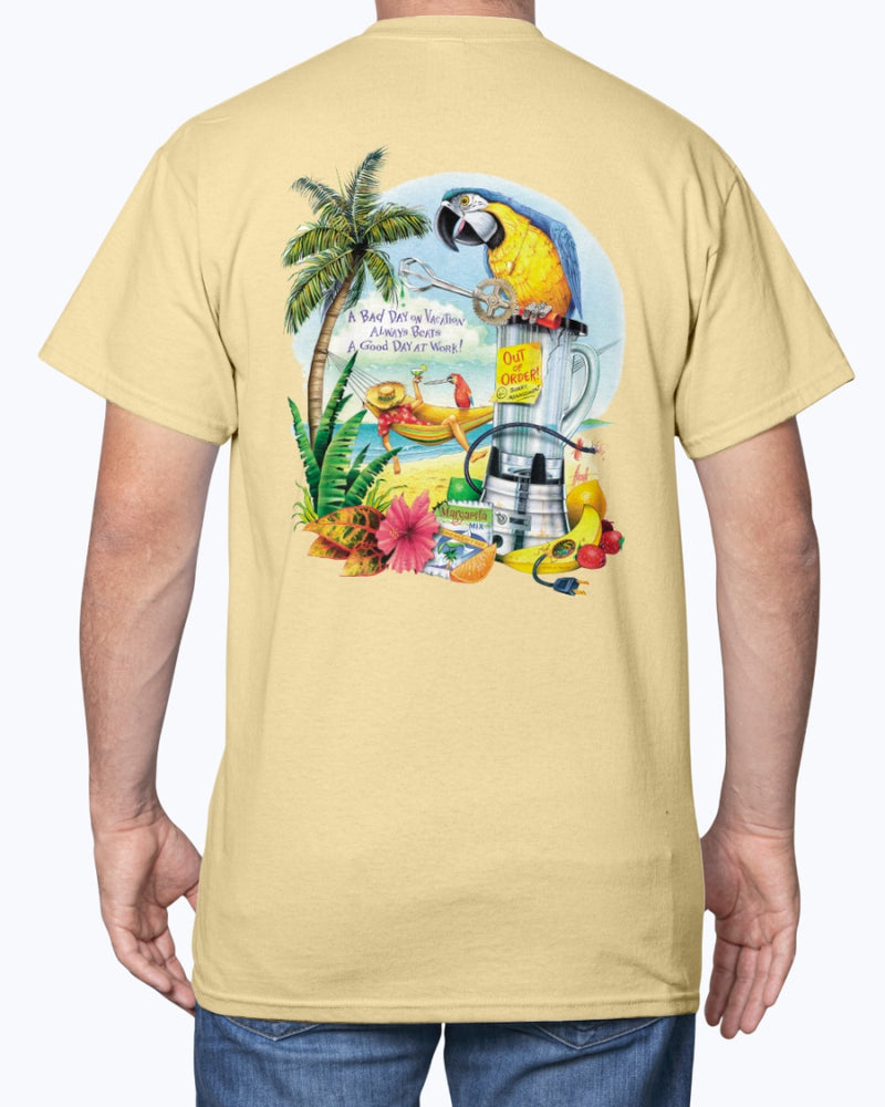 Mens Bad Day on Vacation Beats a Good Day at Work 6 oz Cotton Beach T-shirt Parrots Hammock Blender Palm Tree Yellow