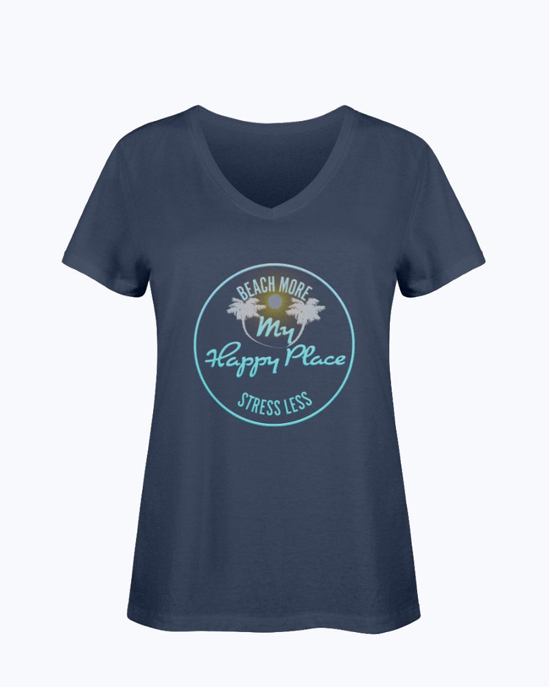 Ladies Beach More Stress Less Happy Place SoftSpun Cotton V-Neck T-Shirt Navy Blue