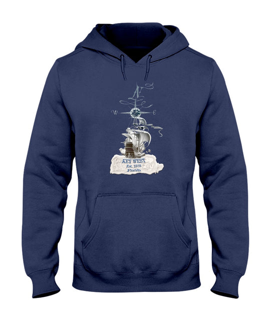 Original Key West Florida Est 1828 Vintage Map Pirate Ship Hoodie Navy Blue