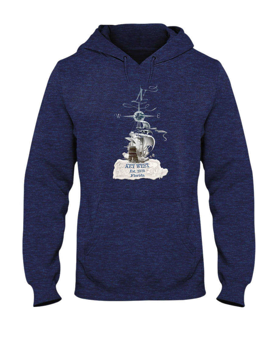 Original Key West Florida Est 1828 Vintage Map Pirate Ship Hoodie navy heather