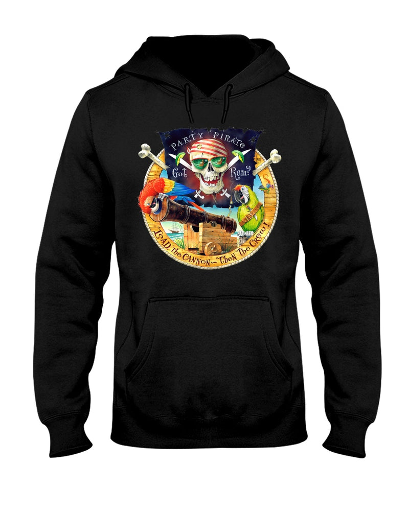 Mens Party Pirate Got Rum Fleece Pullover Hoodie Parrots Happy Hour Black