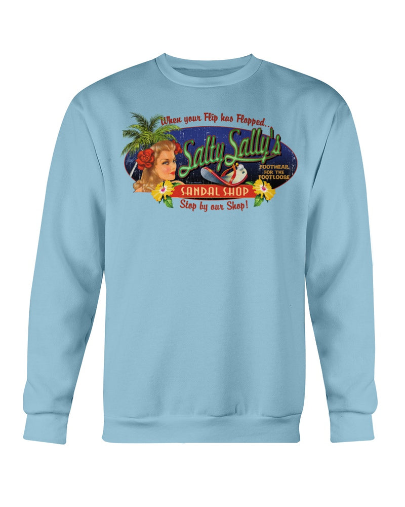 Unisex Salty Sally's Flip Flop Sandal Repair Shop Fleece Beach Sweatshirt Light Blue