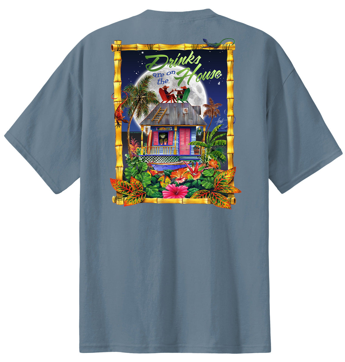 Men's Tropical Beach Hawaiian T-Shirts Happy Hour Drinks On The House