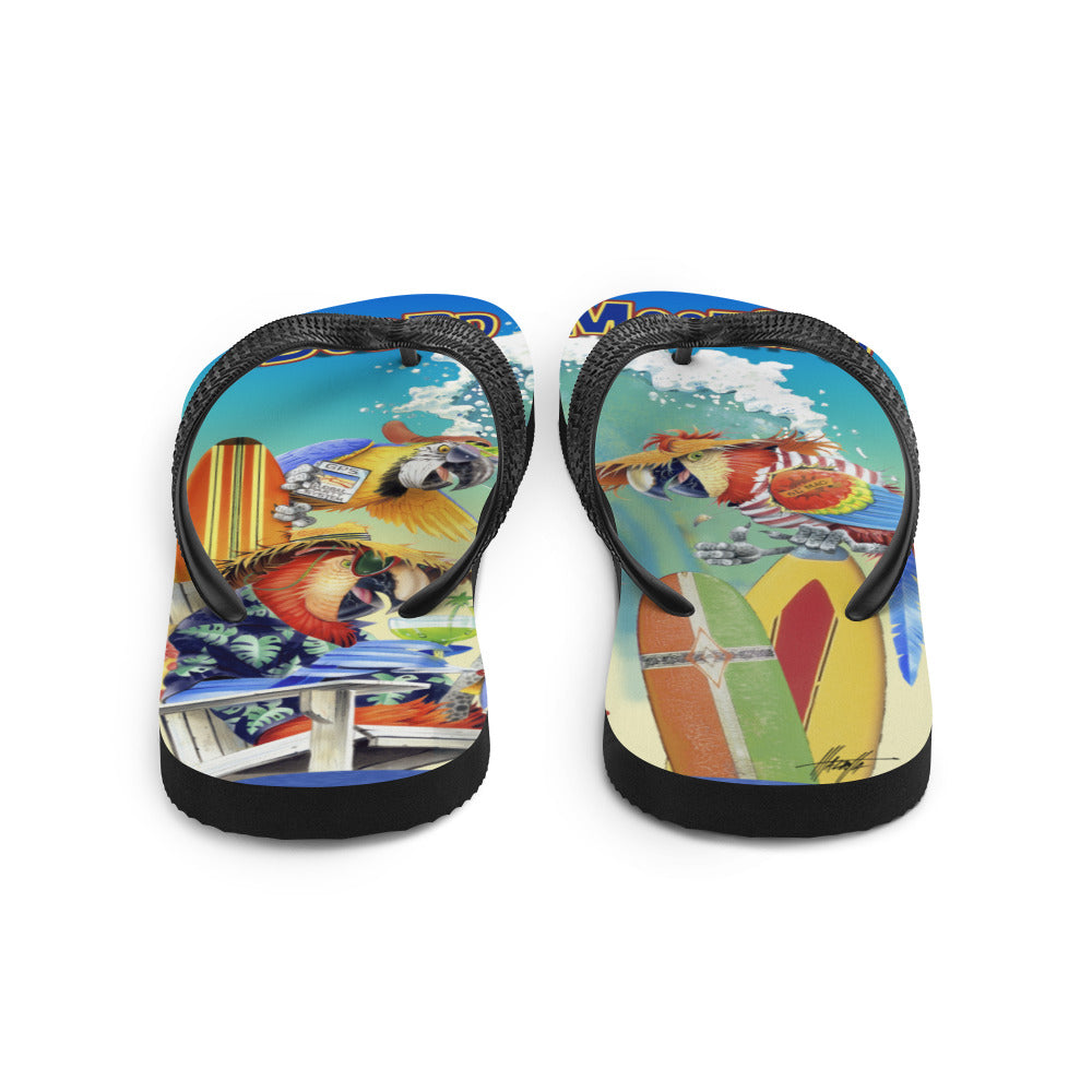 Exclusive Beach Flip Flops Board Meeting Parrots Surfing Art by Jim Mazzotta Macaws Jimmy Buffett