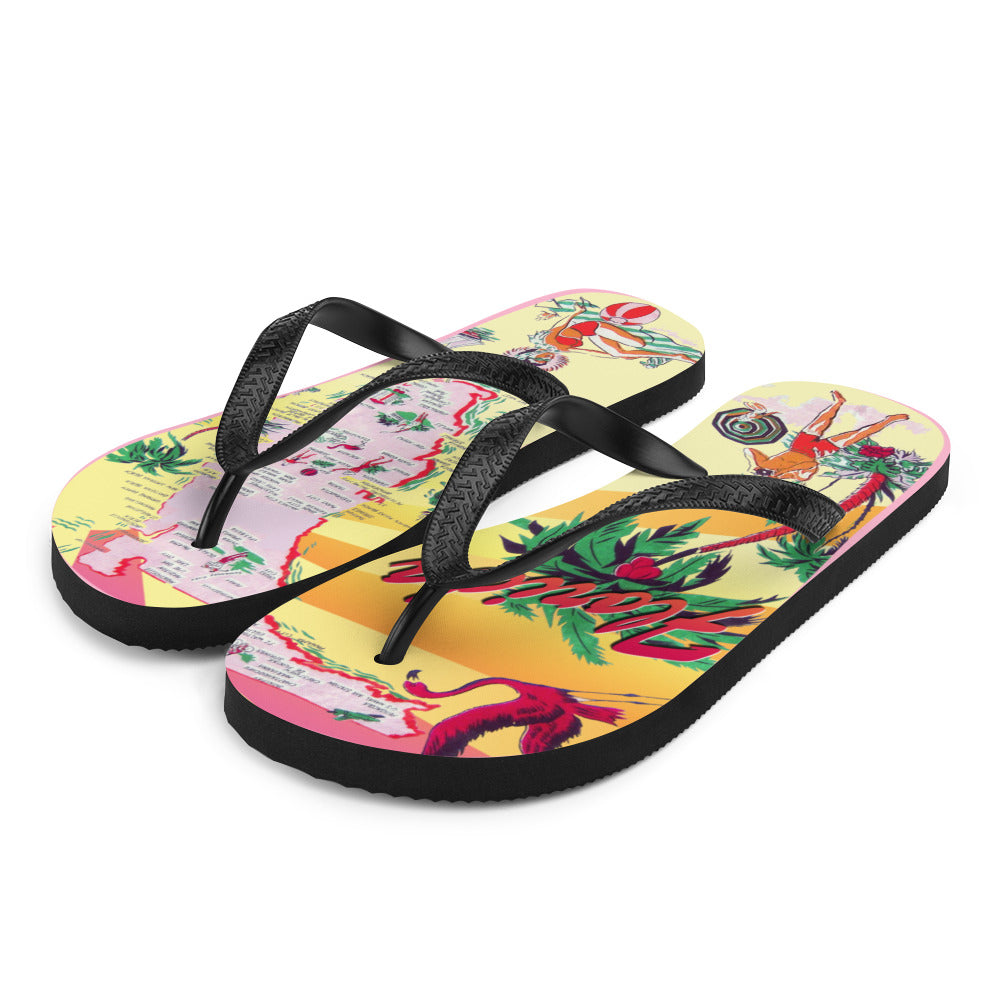 Exclusive Vintage Florida Postcard Printed Flip Flops by Artist Jim Mazzotta