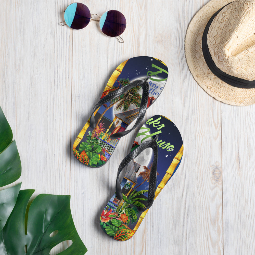 Exclusive Evening Drinks on the House Flip Flops Artist Jim Mazzotta Tropical Island Scenery Beachy Sandals Jimmy Buffett