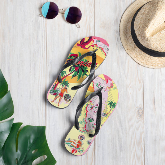 Exclusive Vintage Florida Postcard Printed Flip Flops by Artist Jim Mazzotta