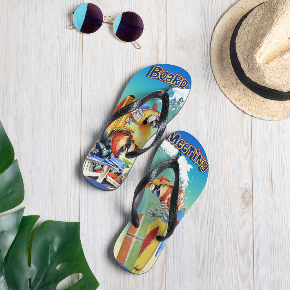 Exclusive Beach Flip Flops Board Meeting Parrots Surfing Art by Jim Mazzotta Macaws Jimmy Buffett