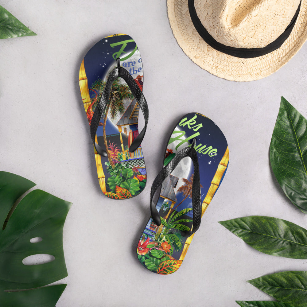 Exclusive Evening Drinks on the House Flip Flops Artist Jim Mazzotta Tropical Island Scenery Beachy Sandals Jimmy Buffett