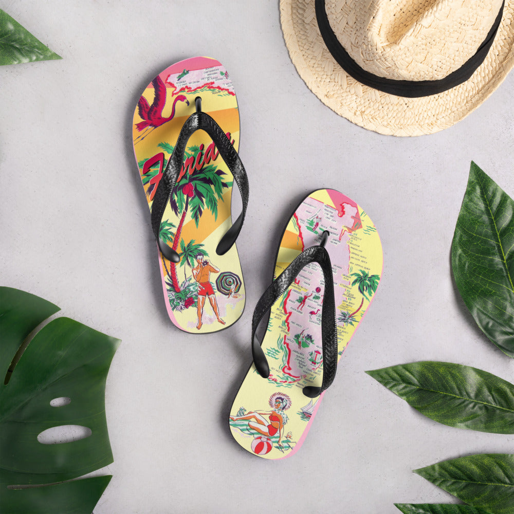 Exclusive Vintage Florida Postcard Printed Flip Flops by Artist Jim Mazzotta