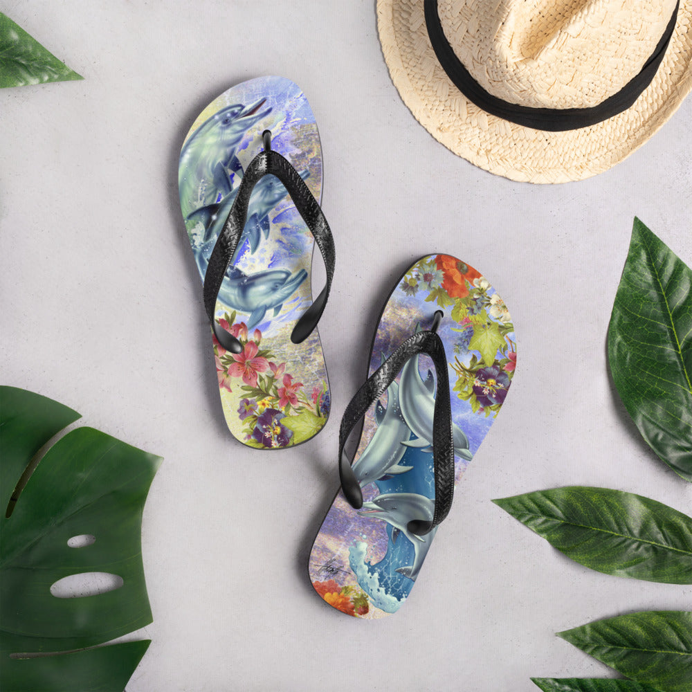 Exclusive Dolphins at Play Flip Flops Artwork by Jim Mazzotta Womens Cute Beach Floral Ladies Sandals pink purple