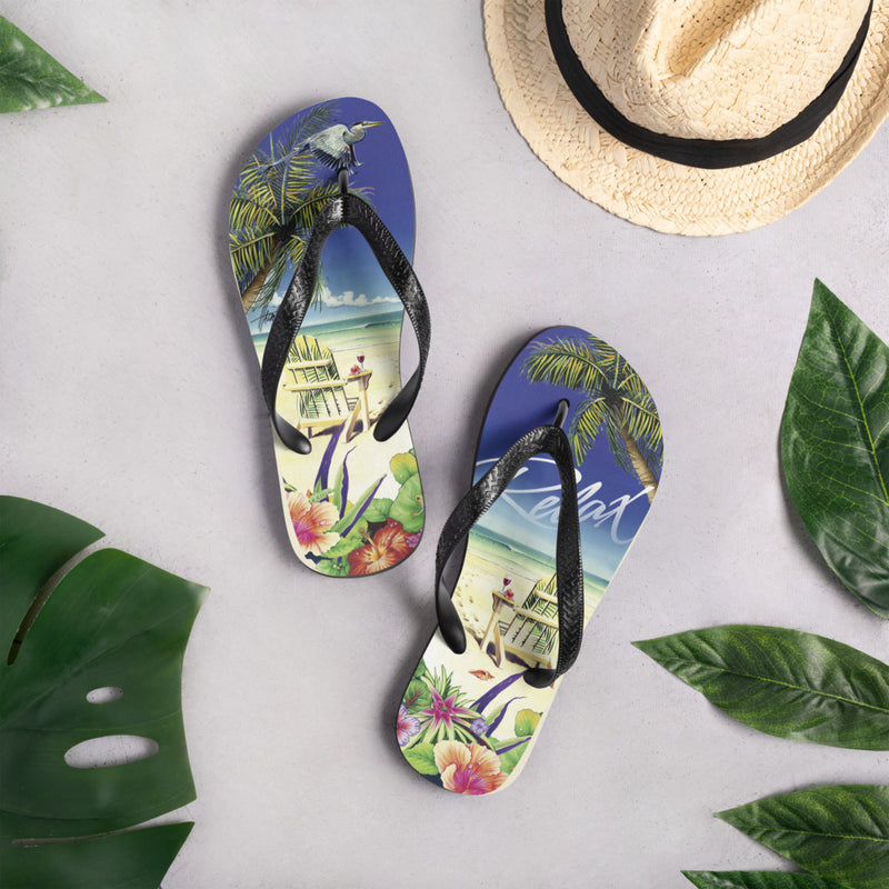Exclusive Relax at the Beach Flip Flops Artist Jim Mazzotta Jimmy Buffett Island Tropical Sandals