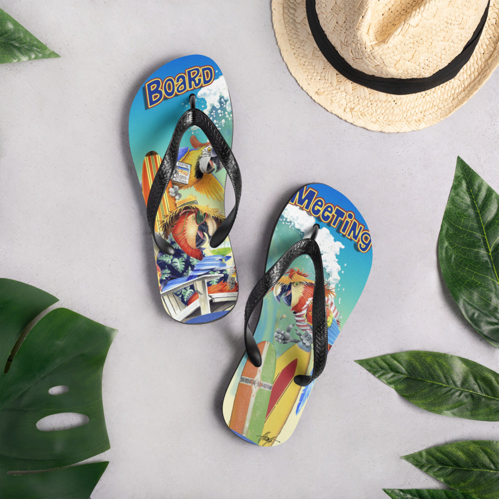 Exclusive Beach Flip Flops Board Meeting Parrots Surfing Art by Jim Mazzotta Macaws Jimmy Buffett