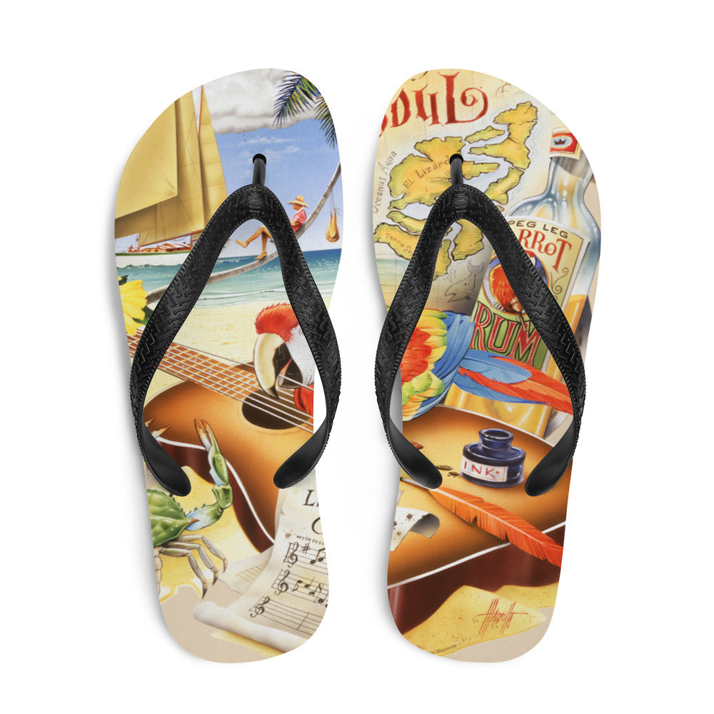 Exclusive Live Life Like a Classic Song Printed Flip Flops Artwork by Jim Mazzotta Shipwreck Rum Caribbean
