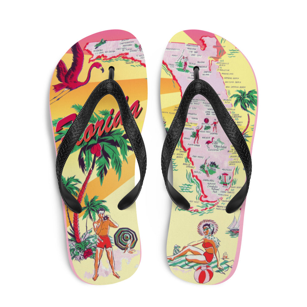 Exclusive Vintage Florida Postcard Printed Flip Flops by Artist Jim Mazzotta