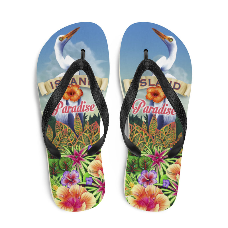 Exclusive Island Paradise Tropical Heron Flip Flops Art by Jim Mazzotta