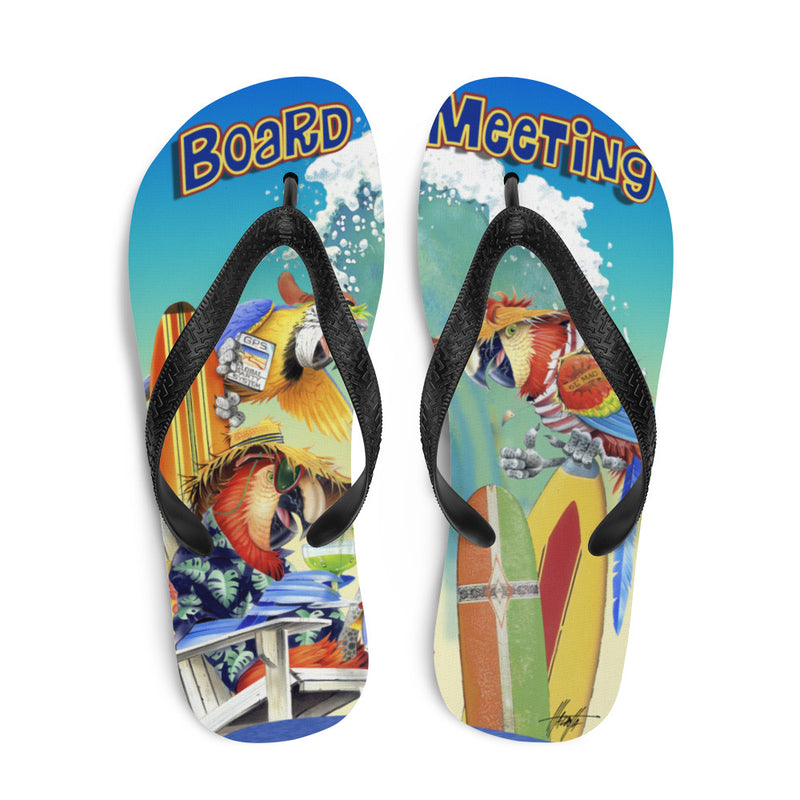 Exclusive Beach Flip Flops Board Meeting Parrots Surfing Art by Jim Mazzotta Macaws Jimmy Buffett