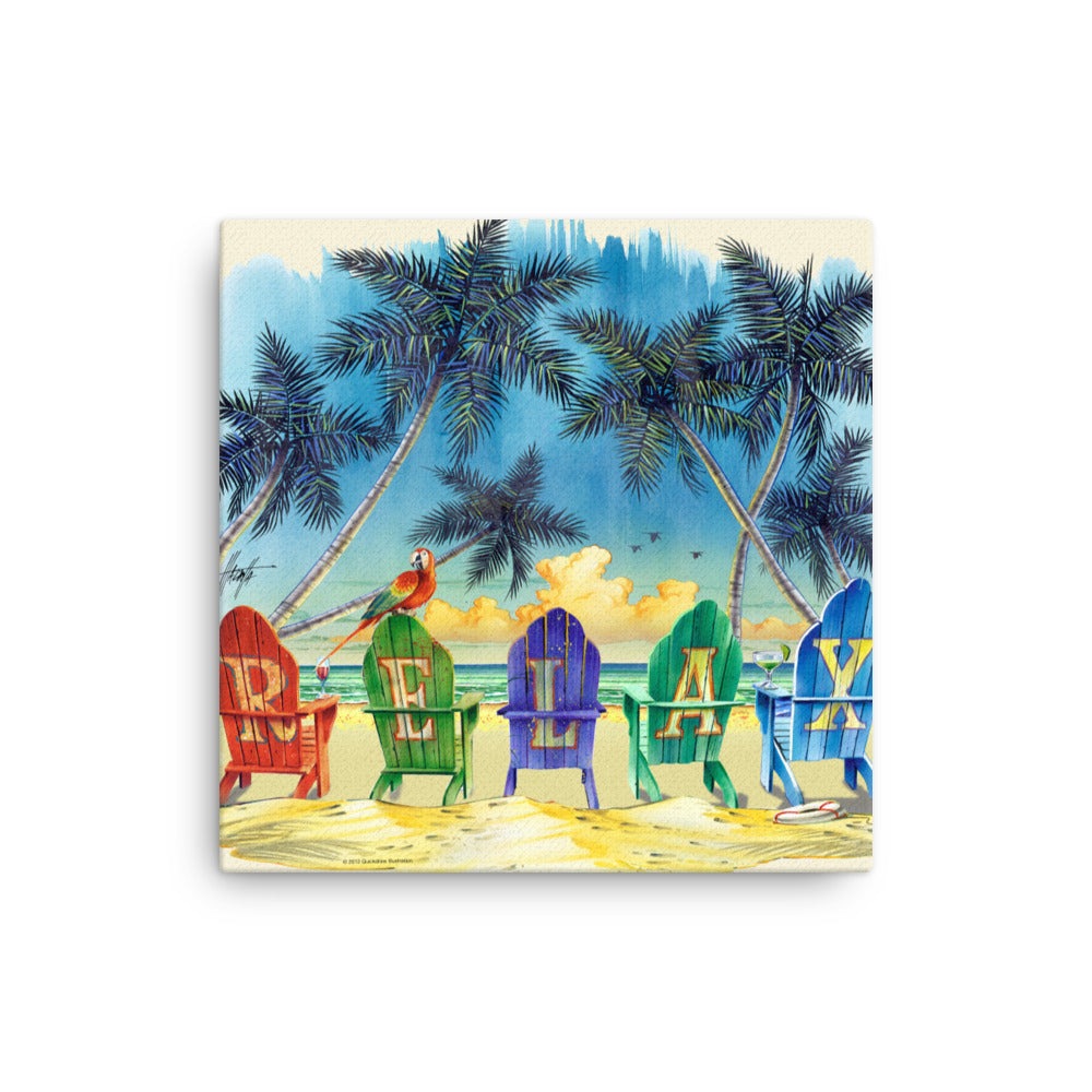 Relax at the Beach Adirondack Chairs Parrot Cocktails Palm Trees Ocean Art Canvas Jimmy Buffett