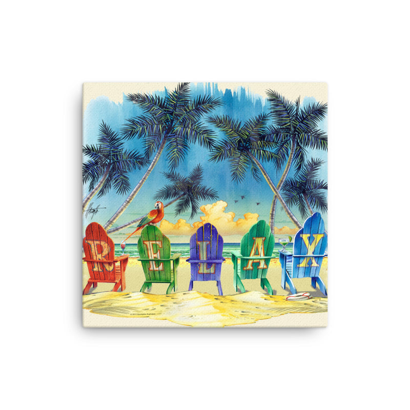 Relax at the Beach Adirondack Chairs Parrot Cocktails Palm Trees Ocean Art Canvas