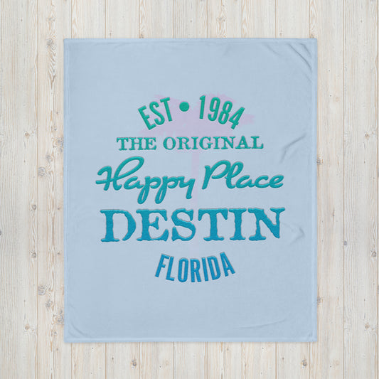 Destin Florida Throw Blanket Beach is my happy place carolina blue pink palm tree emerald blue embossed print 50 by 60 inches