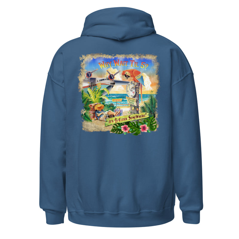 Unisex Why Wait Til 5 - It's 4 O'Clock Somewhere Fleece Hoodie Jimmy Buffett Songs Beach Vacation Gifts for him her