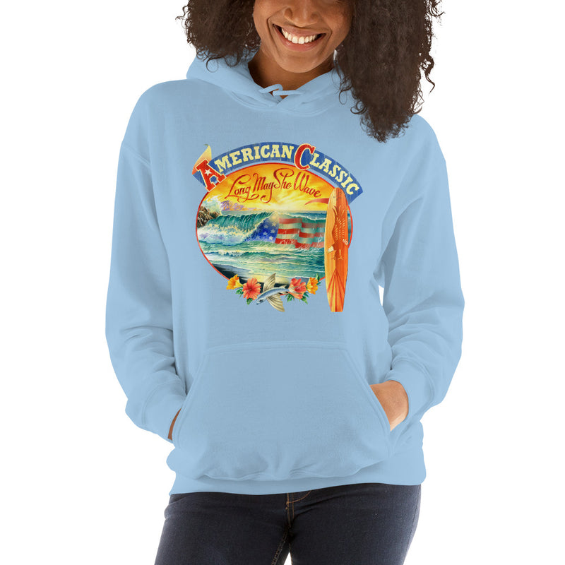 Long May She Wave Surf Shop Longboard Surfing Hoodie