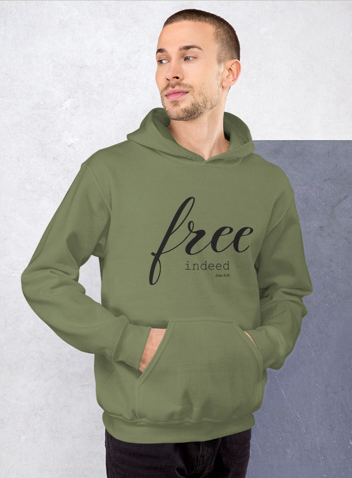 Free Indeed John 8:36 Bible Verse Unisex Fleece Christian Hoodie Jesus Christ Is King Faith Over Fear Unisex 