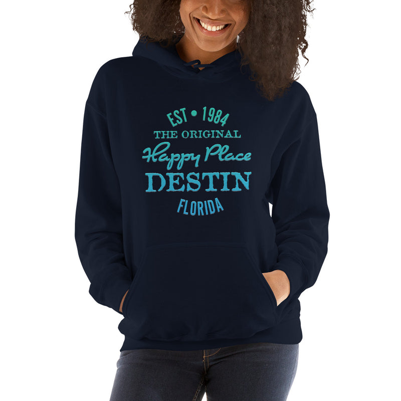 Exclusive Destin Florida Hoodie Beach Is My Happy Place Fleece Womens Unisex Mens Navy Blue