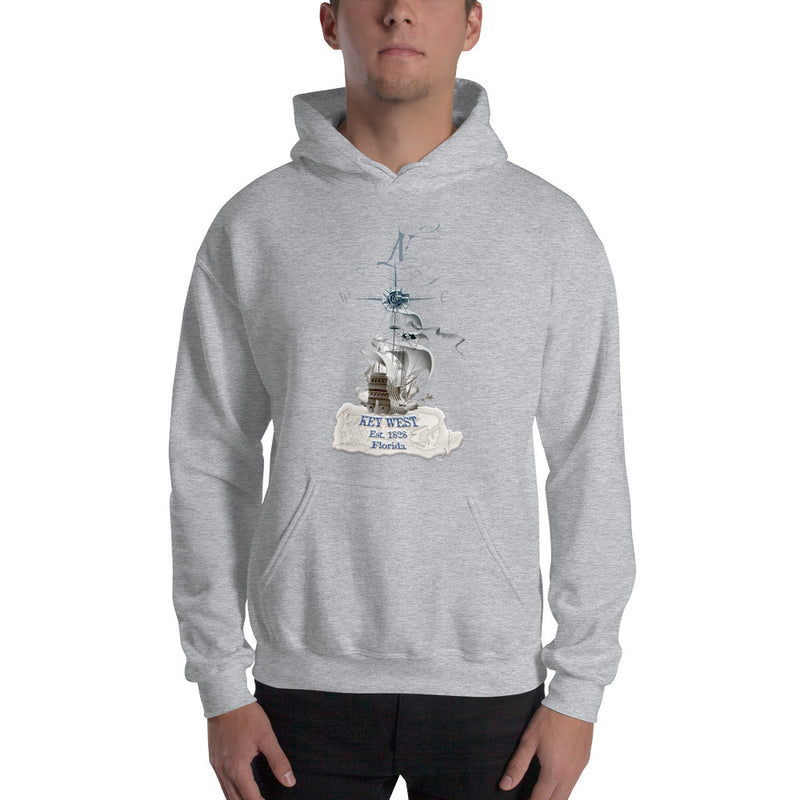 Key West Est 1828 Pirate Ship Vintage Map Fleece Compass Hoodie Jimmy Buffett Ernest Hemingway Heather Grey Ash