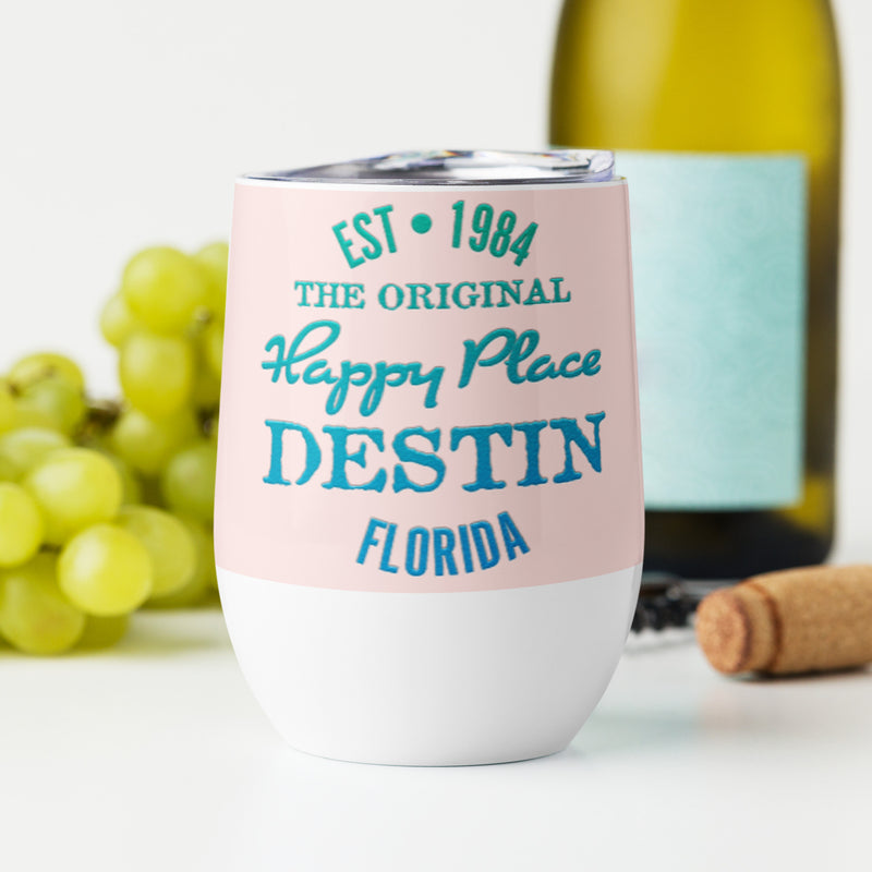 Destin Florida Beach Is My Happy Place Tumbler Mug Wine Coffee Pink Background