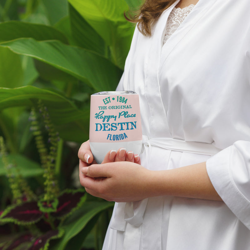 Destin Florida Beach Is My Happy Place Tumbler Mug Wine Coffee Pink Background