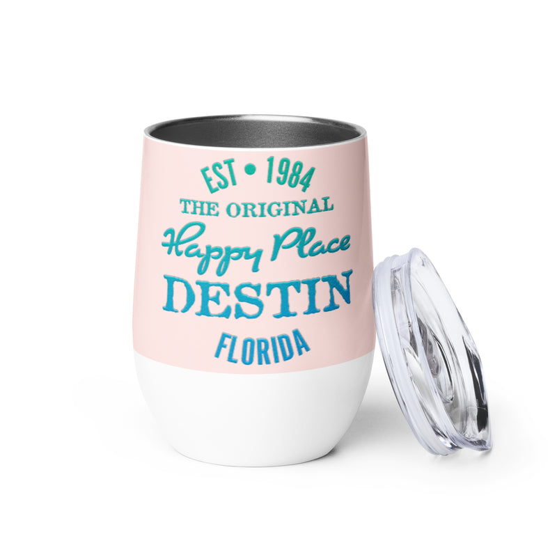 Destin Florida Beach Is My Happy Place Tumbler Mug Wine Coffee Pink Background
