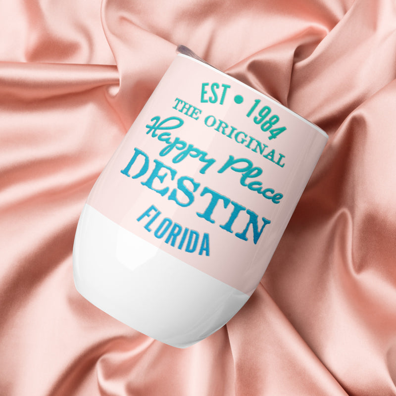 Destin Florida Beach Is My Happy Place Tumbler Mug Wine Coffee Pink Background