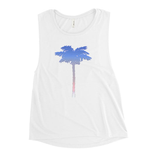 Ladies Womens Patriotic Palm Red White Blue Tank Top Beach T-shirts